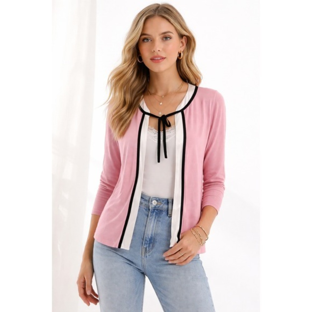 Purificacion Garcia Cardigan Women M Pink Silk Cotton Blend 3/4 Sleeve Tie Front
